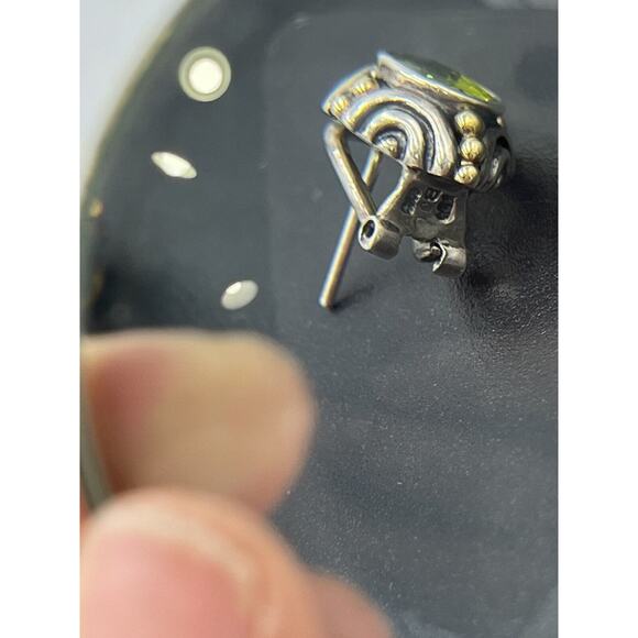 BJC Samuel Benham Sterling Silver Sign 14k Gold Oval Peridot Stud Omega Earrings - Picture 8 of 16